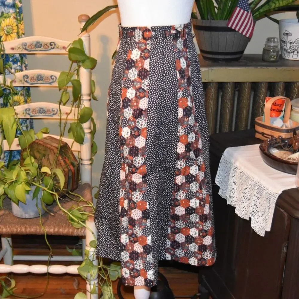 Vintage 1970s Mademoiselle Boho Prairie Skirt Patchwork Style Floral Size XS
